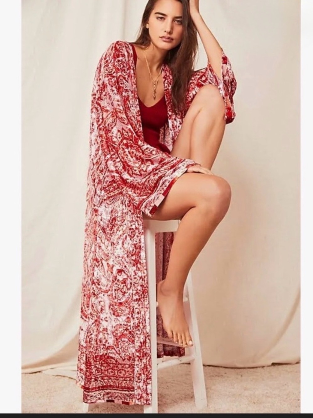 Free People Duster Long Kimono Devore Velvet Enchanted Boho Festival Robe Sz L